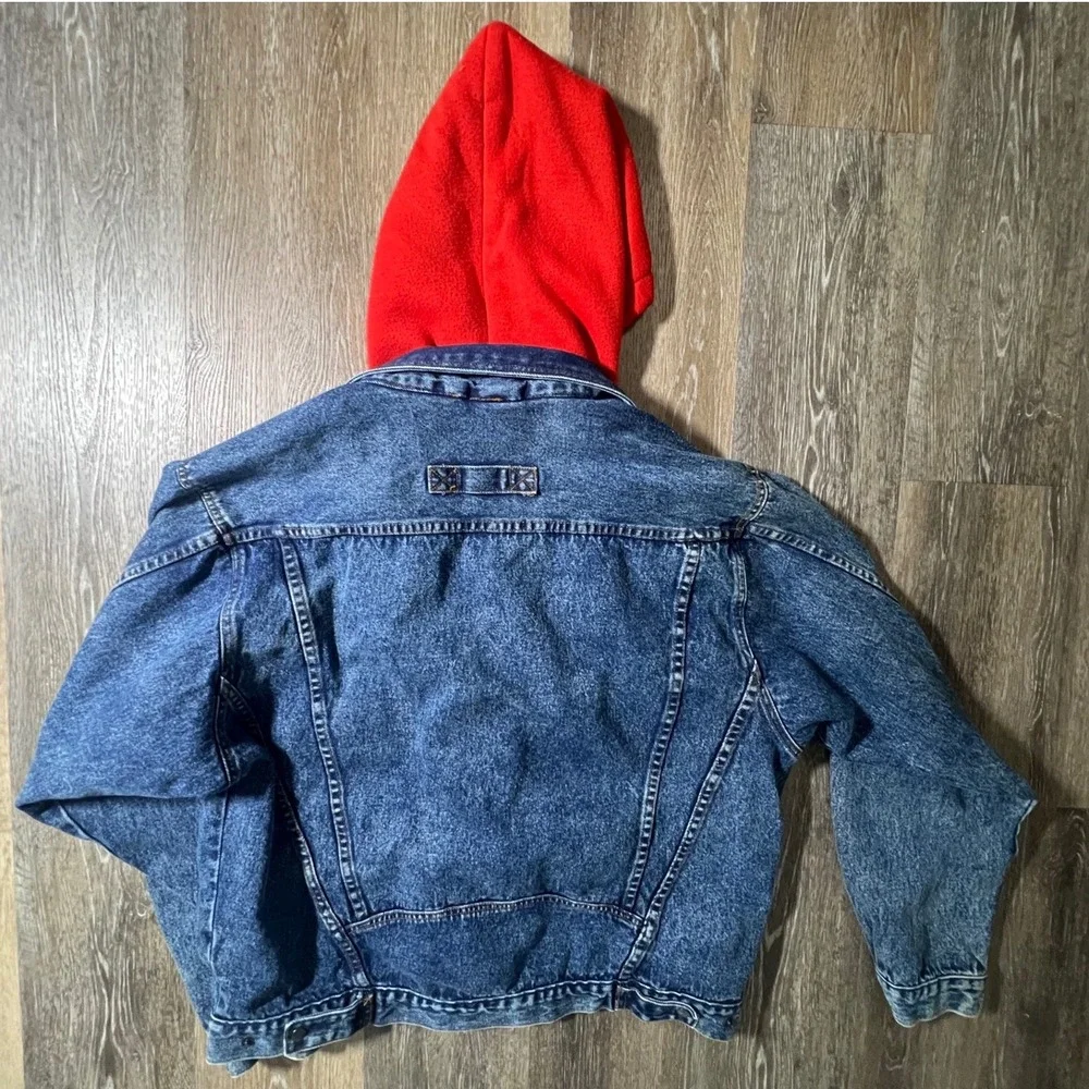 Urban Equipment Denim Jacket Mens XL Blue Red Hooded Acid Wash 90s Vintage